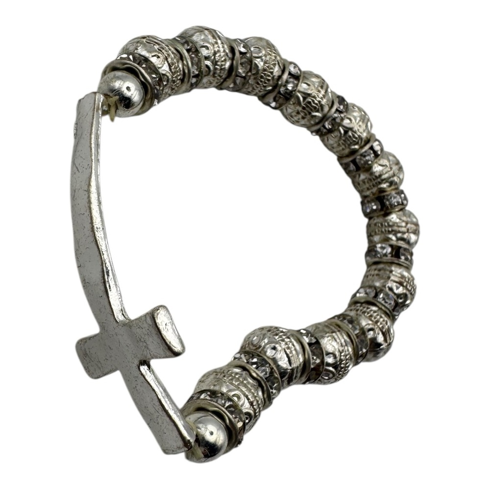 Silver Tone Stretch Bracelet with‎ Ornate Beads and Side Cross Accent